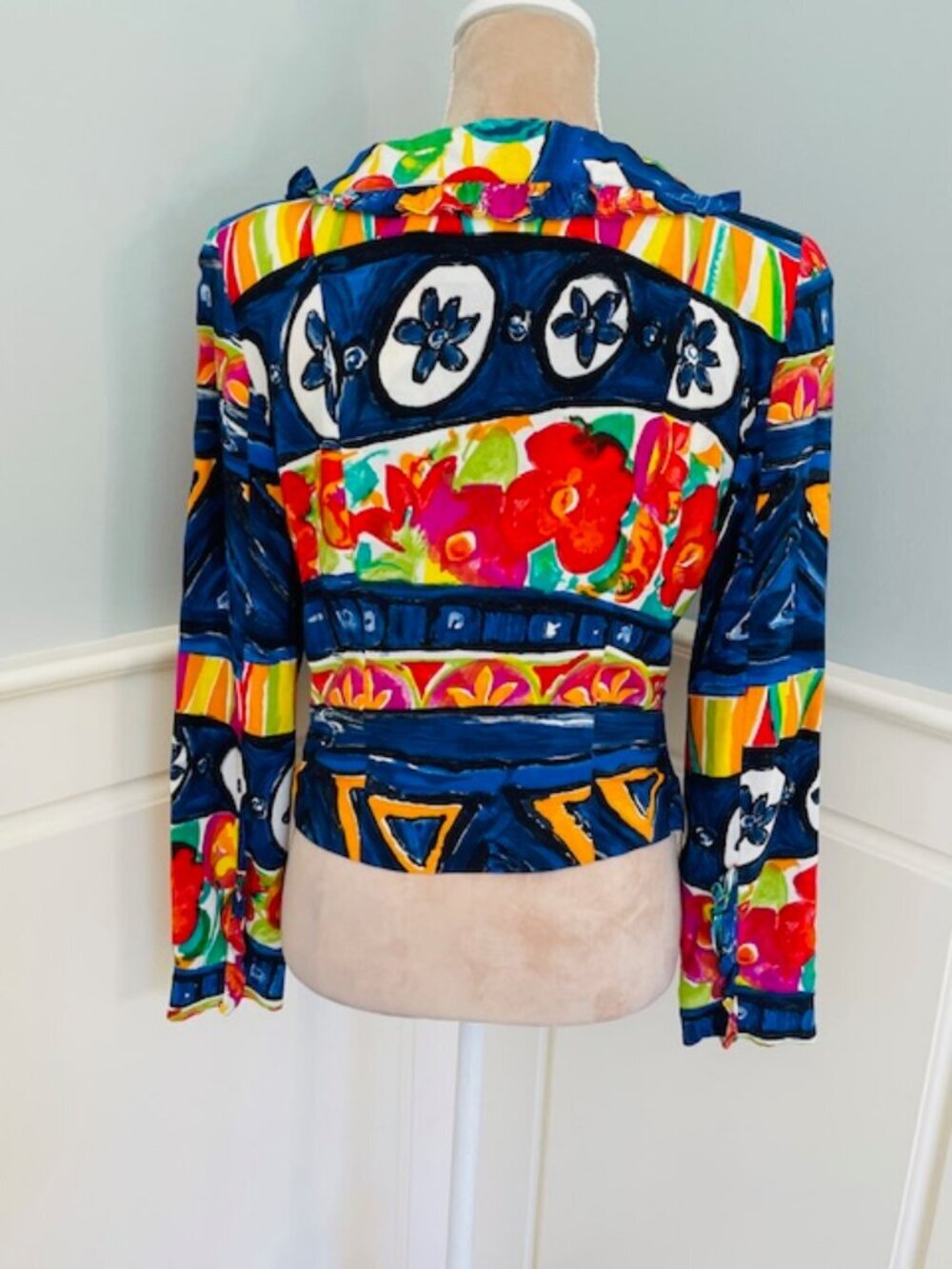 Vintage 90s Abstract Floral Ruffle Blazer Jacket Pearl Gold Buttons Whimsigoth S - Picture 8 of 10